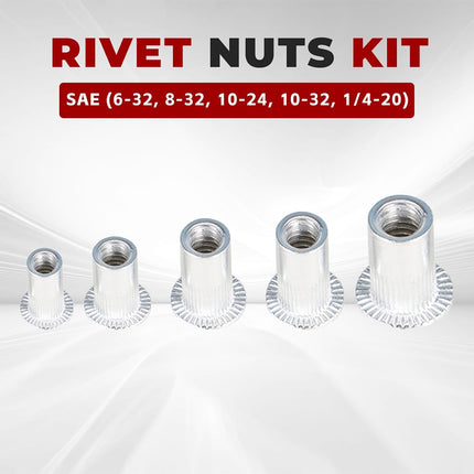 Findmall 150Pcs Rivet Nuts Kit SAE (6-32, 8-32, 10-24, 10-32, 1/4-20) Aluminum Flat Head Threaded Rivet Nut Insert Nutsert Rivet Nuts Assortment Kit