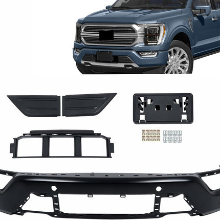 Findmall 5Pcs Black Front Bumper Face Bar Kit with Grille, License Plate Bracket & Grille Trim Panels for 2021‑2023 F150, Replacement with 6 Sensor Holes