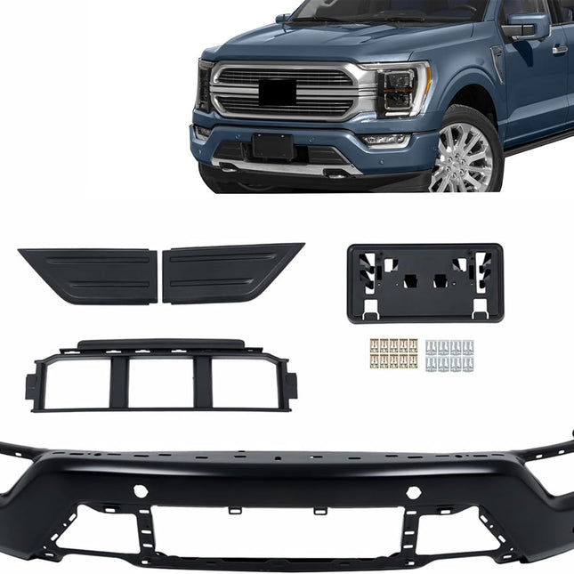 Findmall 5Pcs Black Front Bumper Face Bar Kit with Grille, License Plate Bracket & Grille Trim Panels for 2021‑2023 F150, Replacement with 6 Sensor Holes