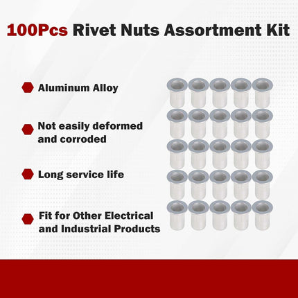 Findmall 100Pcs M6 Rivet Nuts Kit Metric Aluminum Flat Head Threaded Rivet Nut Insert Nutsert Rivet Nuts Assortment Kit