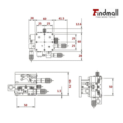Findmall 60 X 60mm XYZ Linear Stage 3 Axis Manual Linear Stage XYZ Sliding Platform Trimming Bearing Tuning Platform Sliding Table