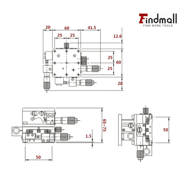 Findmall 60 X 60mm XYZ Linear Stage 3 Axis Manual Linear Stage XYZ Sliding Platform Trimming Bearing Tuning Platform Sliding Table