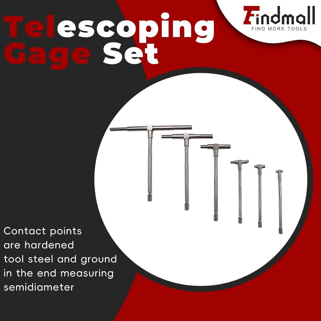 Findmall 6Pcs Telescoping Gage Set 5/16" - 6" Range T-Bore Hole Gauges W/Pouch 8mm-150mm Adjustable Telescopic T Bore Hole Gauges