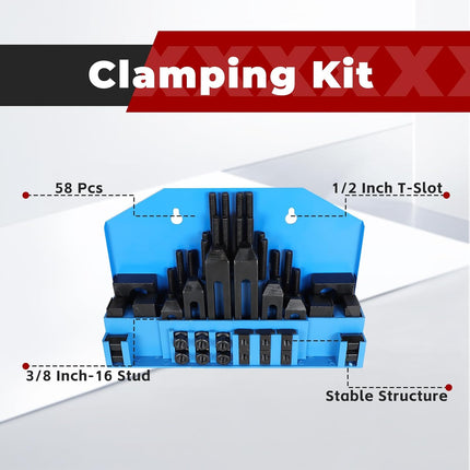 findmall 58 Pcs Pro-Series 1/2 Inch T-Slot 3/8 Inch-16 Stud Clamping Kit Fit for Bridgeport Mill
