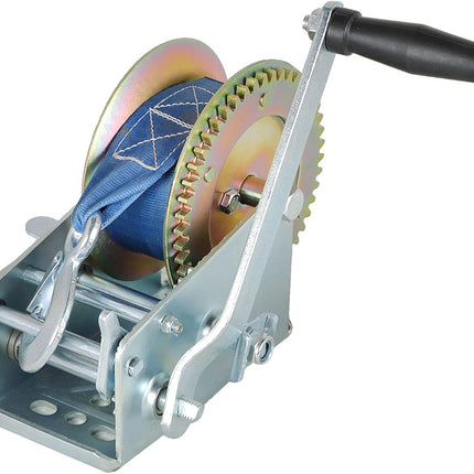 Findmall Heavy Duty Boat Trailer Hand Winch with Nylon Strap, Manual Crank Strap Winch with Hook, Two-Way Ratchet Gear Winch for Boat, Trailer & ATV