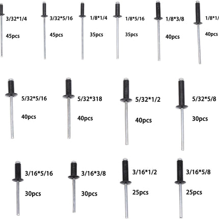 Findmall 500 Pcs Black Pop Rivets Assortment Kit - 14 SAE Sizes (3/32" - 3/16") Aluminum Blind Rivets with Mandrels for Metal, HVAC, Auto, DIY