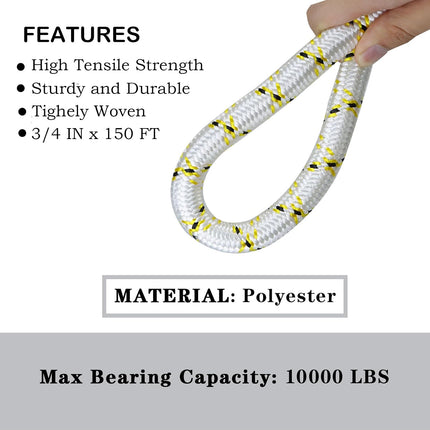 Findmall 3/4 Inch 150 Feet 24 Strands Braided Line Tree Felling String High Strength Polyester Rope for Swing Camping Bundling White Yellow Black