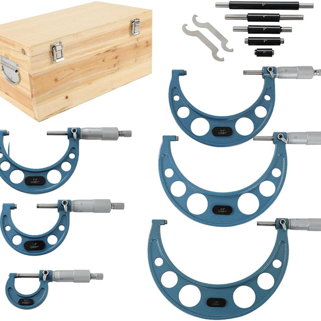 Findmall 0-6" Outside Micrometer Set (0-1", 1-2", 2-3", 3-4", 4-5", 5-6"), 0.0001" Accurate Carbide Ratchet Handle Accuracy Machinist Tool Set with Carbide Tip