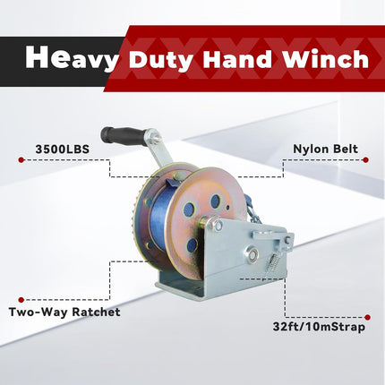 Findmall Heavy Duty Boat Trailer Hand Winch with Nylon Strap, Manual Crank Strap Winch with Hook, Two-Way Ratchet Gear Winch for Boat, Trailer & ATV