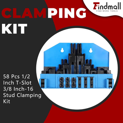findmall 58 Pcs Pro-Series 1/2 Inch T-Slot 3/8 Inch-16 Stud Clamping Kit Fit for Bridgeport Mill