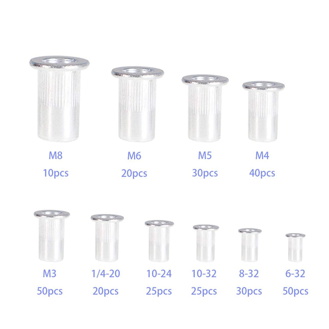 Findmall Rivet Nuts Kit 300 Pcs Aluminum Flat Head Threaded Rivetnut Insert Nutsert Rivet Nuts Assortment Kit 150pcs Metric 150pcs SAE M3 M4 M5 M6 M8 6-32 8-32 10-24 10-32 1/4-20