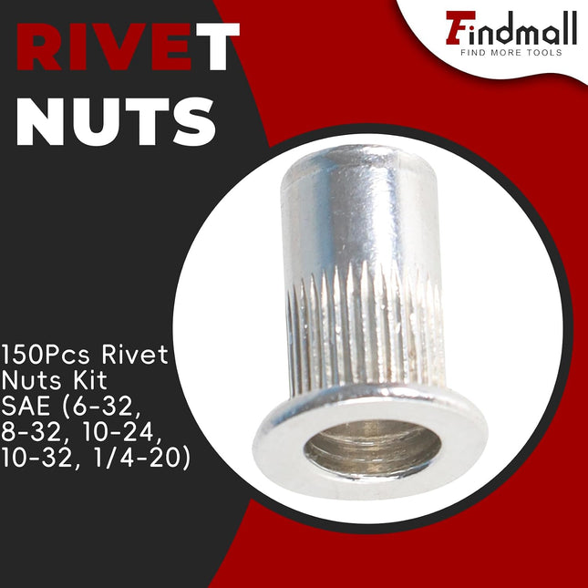 Findmall 150Pcs Rivet Nuts Kit SAE (6-32, 8-32, 10-24, 10-32, 1/4-20) Aluminum Flat Head Threaded Rivet Nut Insert Nutsert Rivet Nuts Assortment Kit