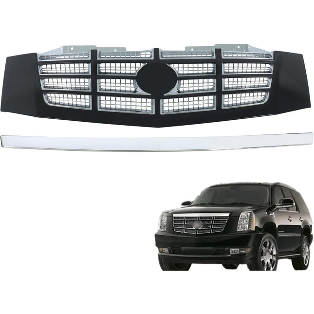 Findmall 2-Piece Black and Chrome Front Grille and Hood Grille Molding Trim Kit Replacement for Escalade and Escalade ESV 2007-2014 23190290 15907252