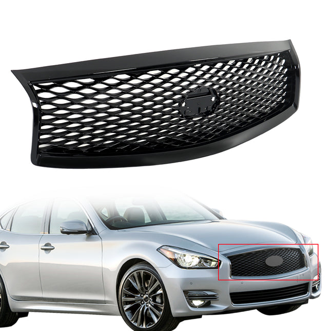 Findmall Glossy Black Mesh Front Upper Bumper Grille with Camera Hole Replacement for Q70 and Q70L 2015-2019