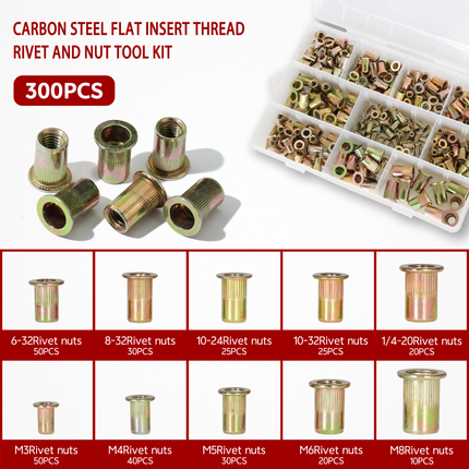 Findmall 300Pcs Rivet Nut Kit with Metric & SAE Threaded Inserts, Flat Head Carbon Steel Rivet Nuts Assortment Set