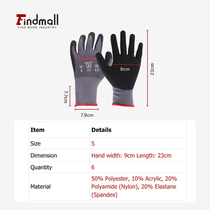 findmall 3-12 Pairs Micro-Foam Nitrile Coated Work Gloves – Seamless Knit Nylon Safety Gloves for Home & Industrial Use