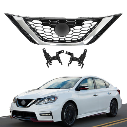 Findmall Front Grille for 2016-2018 Nissan Sentra, Black with Chrome Trim