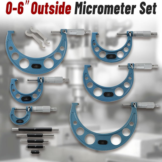 Findmall 0-6" Outside Micrometer Set (0-1", 1-2", 2-3", 3-4", 4-5", 5-6"), 0.0001" Accurate Carbide Ratchet Handle Accuracy Machinist Tool Set with Carbide Tip