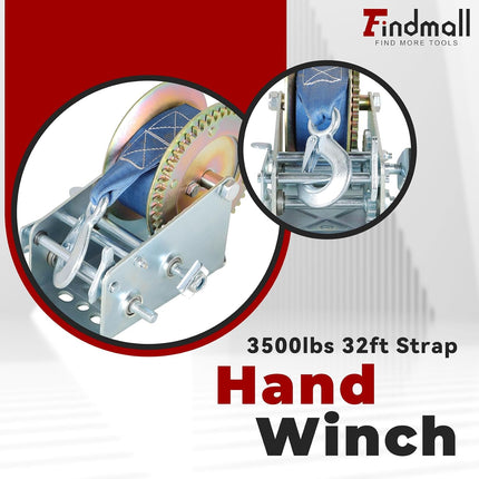 Findmall Heavy Duty Boat Trailer Hand Winch with Nylon Strap, Manual Crank Strap Winch with Hook, Two-Way Ratchet Gear Winch for Boat, Trailer & ATV