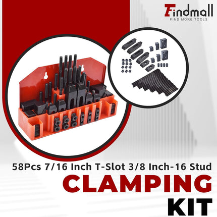 findmall 58 Pcs Pro-Series 7/16" T-Slot 3/8"-16 Stud Clamping Kit Hardened Hold Down Clamping Kit Fit for Bridgeport Mill