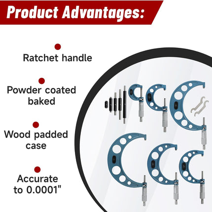 Findmall 0-6" Outside Micrometer Set (0-1", 1-2", 2-3", 3-4", 4-5", 5-6"), 0.0001" Accurate Carbide Ratchet Handle Accuracy Machinist Tool Set with Carbide Tip