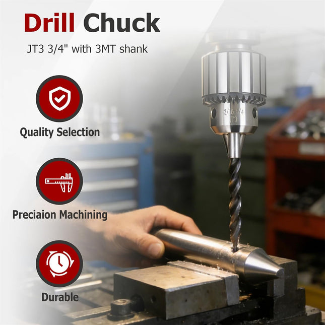 findmall JT3 Drill Chuck 3/16 Inch - 3/4 Inch Drill Press Chuck Super Heavy Duty with MT3 Shank Chuck Key