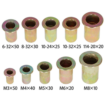 Findmall 300Pcs Rivet Nuts Kit 150 Metric 150 SAE Rivet Nuts Assortment Kit Flat Head Threaded Insert Nut M3 M4 M5 M6 M8 6-32 8-32 10-24 10-32 1/4-20