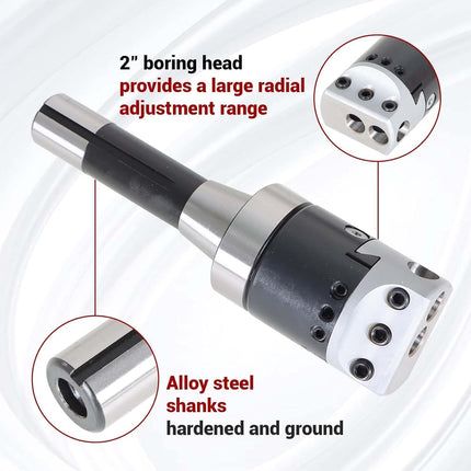 findmall 2" Boring Head R8 Shank Boring Tool Set, 9pcs 1/2" Carbide Boring Bar Set Milling Fit for Milling Machine, Thread 7/16-20"