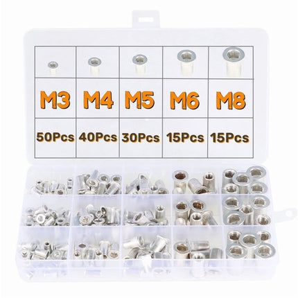Findmall 150Pcs Rivet Nuts Kit Metric Aluminum Flat Head Threaded Rivet Nut Insert Nutsert Nuts Assortment Kit M3 M4 M5 M6 M8
