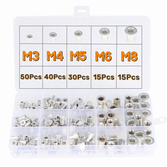 Findmall 150Pcs Rivet Nuts Kit Metric Aluminum Flat Head Threaded Rivet Nut Insert Nutsert Nuts Assortment Kit M3 M4 M5 M6 M8