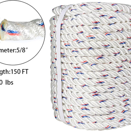 Findmall 5/8in x 150ft Double Braid Polyester Strength 7200 Lbs White Red Blue