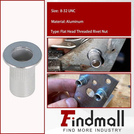 Findmall 100Pcs Rivet Nuts Kit 8-32 UNC Aluminum Flat Head Threaded Rivet Nut Insert Nutsert Rivet Nuts Assortment Kit