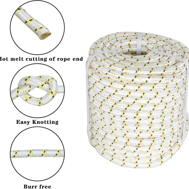 Findmall 3/4 Inch 150 Feet 24 Strands Braided Line Tree Felling String High Strength Polyester Rope for Swing Camping Bundling White Yellow Black