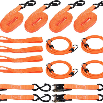 Findmall 4 Pack 1 Inch x 15 Ft Ratchet Tie Down Straps Kit 2200 lbs Break Strength with S Hooks, Loop Straps and Bungee Cords for Motorcycle, ATV, Trailer and Moving