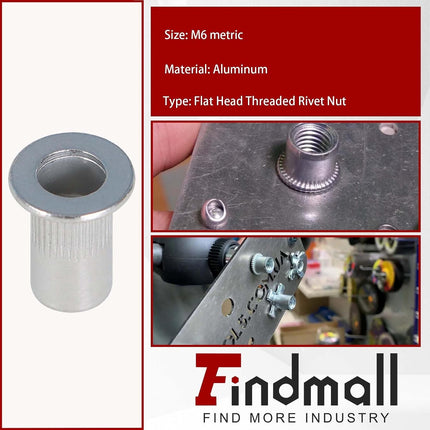 Findmall 100Pcs M6 Rivet Nuts Kit Metric Aluminum Flat Head Threaded Rivet Nut Insert Nutsert Rivet Nuts Assortment Kit
