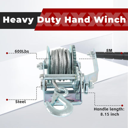 findmall Heavy Duty Hand Winch 600Lbs Hand Crank Strap Gear with 8m Steel Wire Manual Operated Two-Way Ratchet Boat Trailer Marine for Loading Boats Personal Watercraft and Lawn Equipment