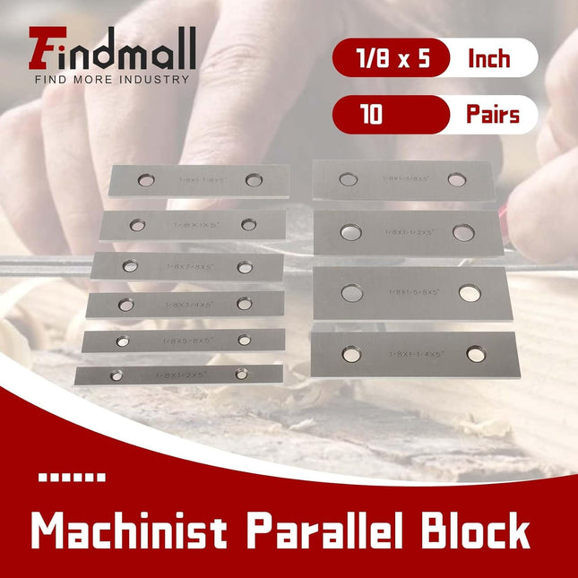 Findmall 10 Pair 1/8" x 5" Precision Parallel Block Set, ±0.0002" Hardened Alloy Steel Machinist Gage Gauge Tool Blocks with Storage Box