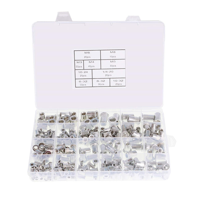 Findmall Rivet Nuts Kit 300 Pcs Aluminum Flat Head Threaded Rivetnut Insert Nutsert Rivet Nuts Assortment Kit 150pcs Metric 150pcs SAE M3 M4 M5 M6 M8 6-32 8-32 10-24 10-32 1/4-20