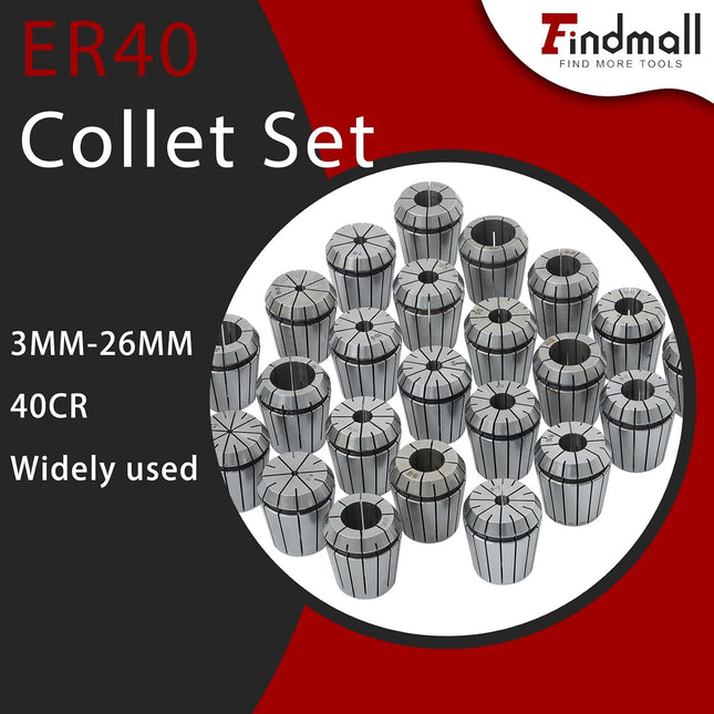 Findmall 24Pcs ER40 Accuracy Collet Set 3mm-26mm for CNC Milling Lathe Tool and Work-Holding Engraving Machine