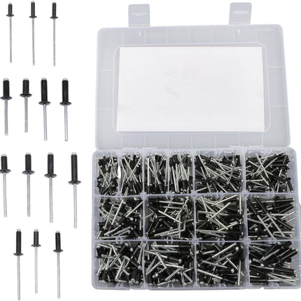 Findmall 500 Pcs Black Pop Rivets Assortment Kit - 14 SAE Sizes (3/32" - 3/16") Aluminum Blind Rivets with Mandrels for Metal, HVAC, Auto, DIY