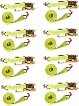 2Inch * 15Ft, 5000 Pound Heavy Duty Ratchet, Hooked Ratchet Sling Tool, Yellow, with a Load Capacity of 2250Kg, 8PCS