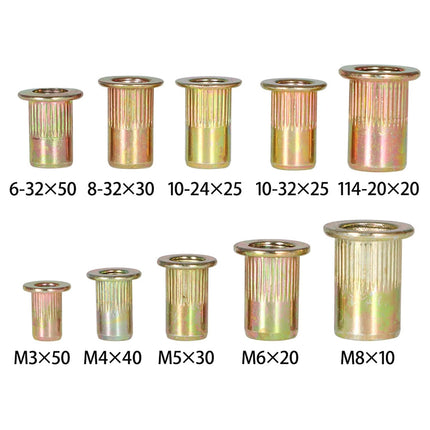 Findmall 300Pcs Rivet Nuts Kit 150 Metric 150 SAE Rivet Nuts Assortment Kit Flat Head Threaded Insert Nut M3 M4 M5 M6 M8 6-32 8-32 10-24 10-32 1/4-20