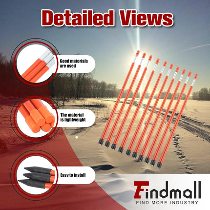 Findmall 48 Inch Driveway Markers, 5/16" Diameter Orange Reflective Snow Stakes, Fiberglass Lane Marker Posts for Driveways, Parking Lots & Walkways