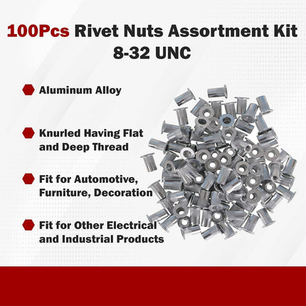 Findmall 100Pcs Rivet Nuts Kit 8-32 UNC Aluminum Flat Head Threaded Rivet Nut Insert Nutsert Rivet Nuts Assortment Kit