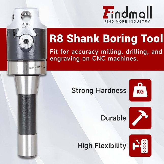 findmall 2" Boring Head R8 Shank Boring Tool Set, 9pcs 1/2" Carbide Boring Bar Set Milling Fit for Milling Machine, Thread 7/16-20"