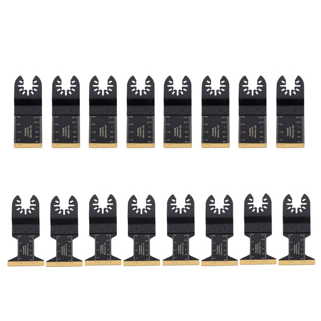 Findmall 16Pcs Titanium Coated Oscillating Saw Blade Set Curved Tooth Oscillating Saw Blades Fit for Cutting Wood, Plastic, and Metal