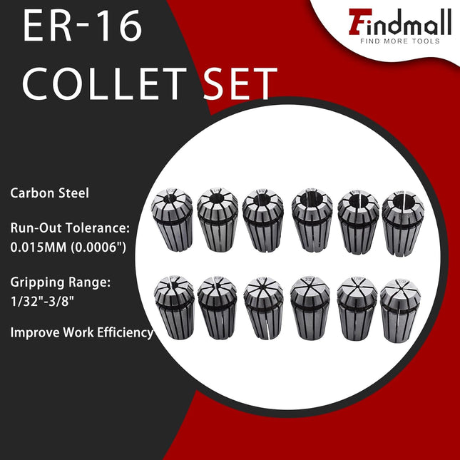 findmall ER-16 Collet Set 12Pcs ER-16 Spring Collet Set 1/32-3/8 Fit for CNC Milling Lathe Tool