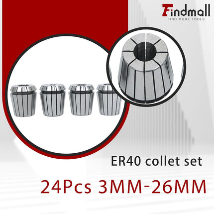 Findmall 24Pcs ER40 Accuracy Collet Set 3mm-26mm for CNC Milling Lathe Tool and Work-Holding Engraving Machine