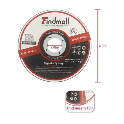 Findmall 200 Pack 4.5" x 1/16" x 7/8" Cut Off Wheel – Cuts Metal, Steel, Stainless Steel Aluminum Oxide, 13300 RPM Max,1/16" Thin Disc for Angle Grinder, 7/8" Arbor
