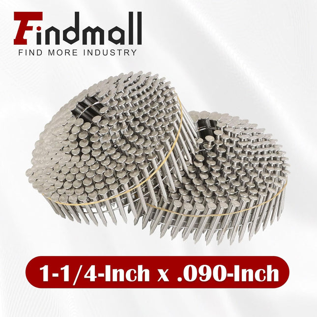 Findmall 304 Stainless Steel 15-Degree Coil Siding Nails, 0.090" Ring Shank Wire Collated Nails for CN45 Coil Nail Gun